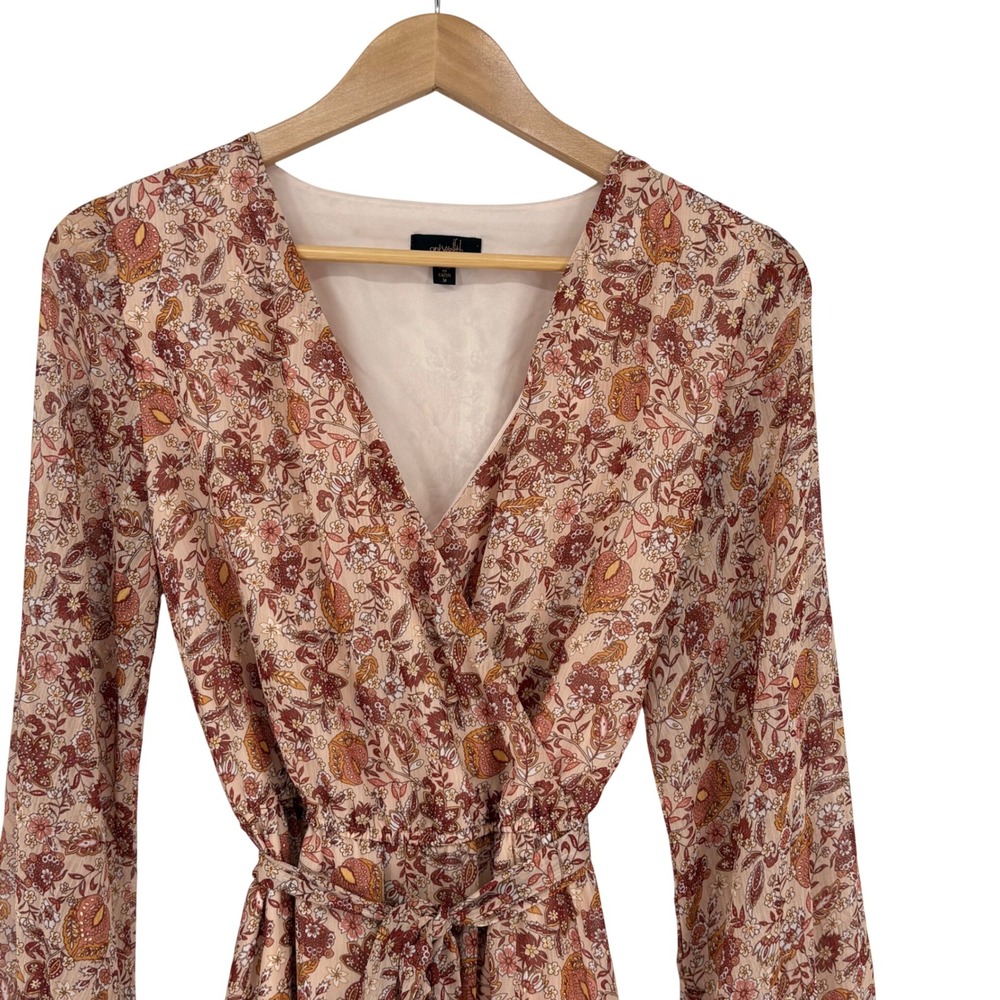 On Twelfth Floral Wide Leg Jumpsuit Womens Medium Rust Boho Metallic Long Sleeve - Picture 3 of 13